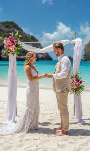 matrimonio-legale-seychelles-sposi-spiaggia-agenzia-viaggi Coppia di sposi piedi nudi sulla spiaggia bianca delle Seychelles sotto un arco di fiori tropicali, matrimonio all'estero 5 Stars Travel